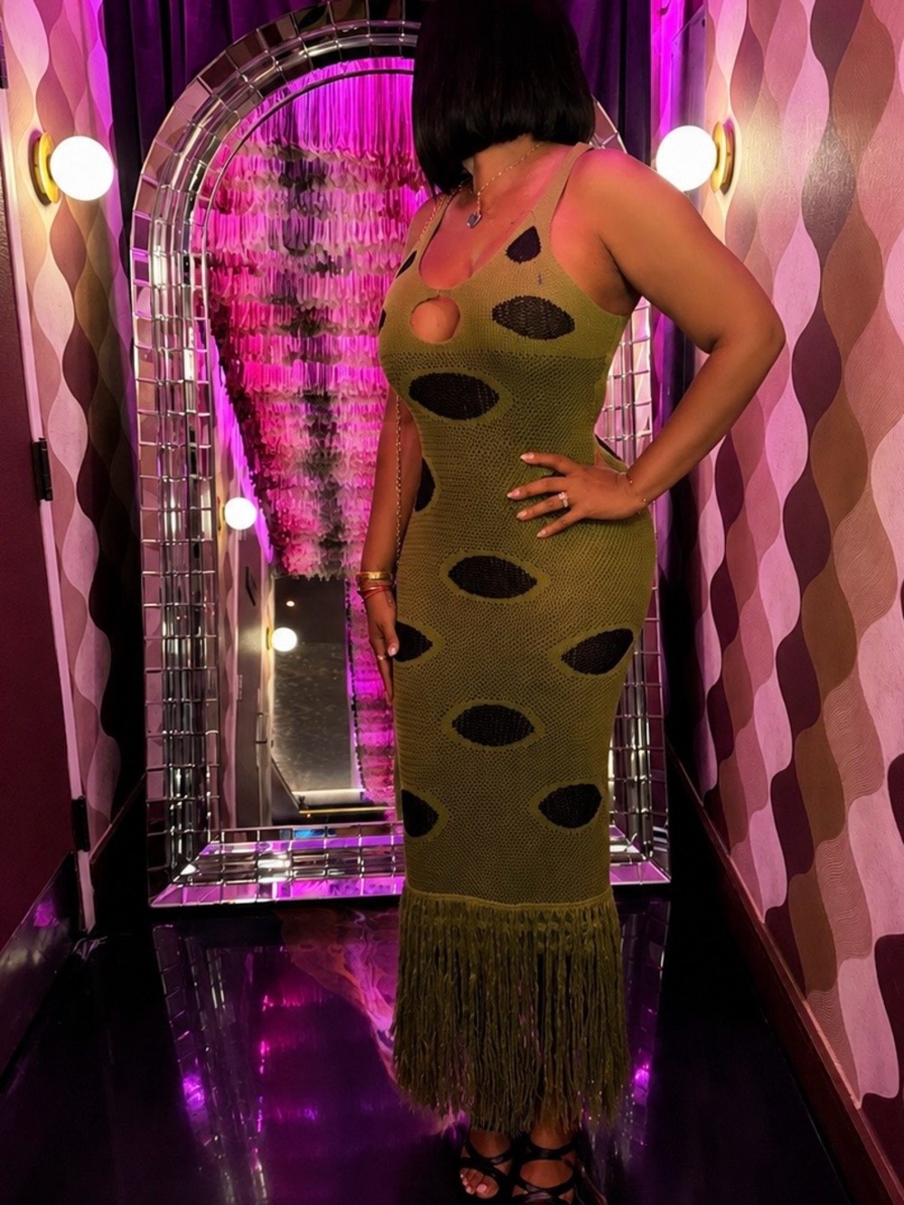 Olive Green Cutout Fringe Knit Maxi Dress